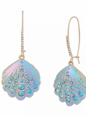 Betsey Johnson Blue Green Iridescent Ombre Seashell Drop Earrings Crystal NWT